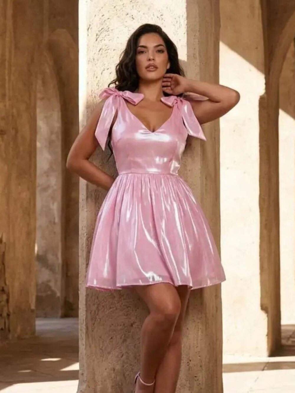 The Vintage Shop Pink Iridescent Bow Shoulder Satin Mini Dress/NWT-SMALL